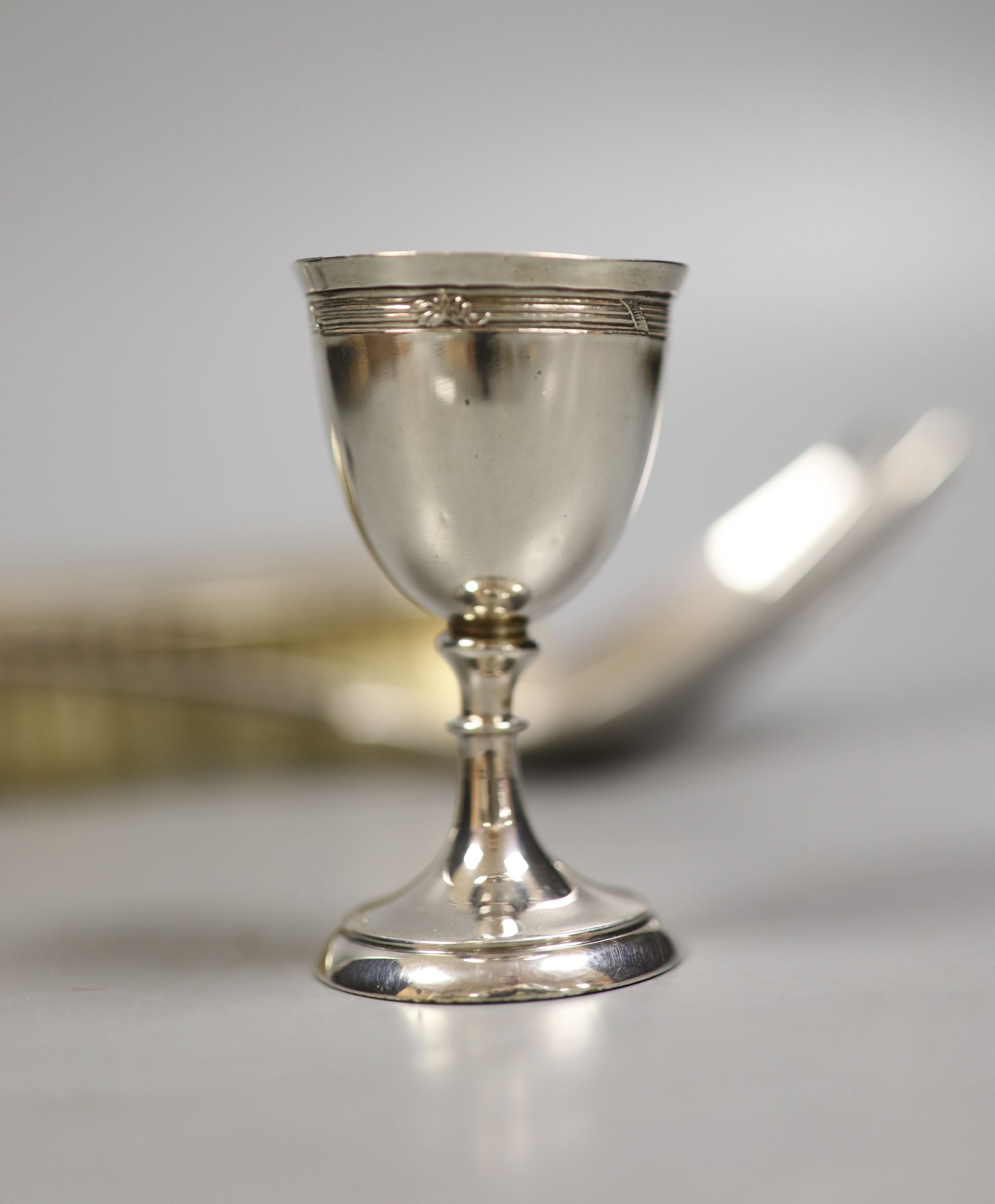 A small group of silver and white metal items including a William IV mounted coaster, London, 1830, 12.9cm, a small silver bowl and pill, box, a Georgian caddy spoon, two Austro-Hungarian salts, and 800 egg cup, a Dutch